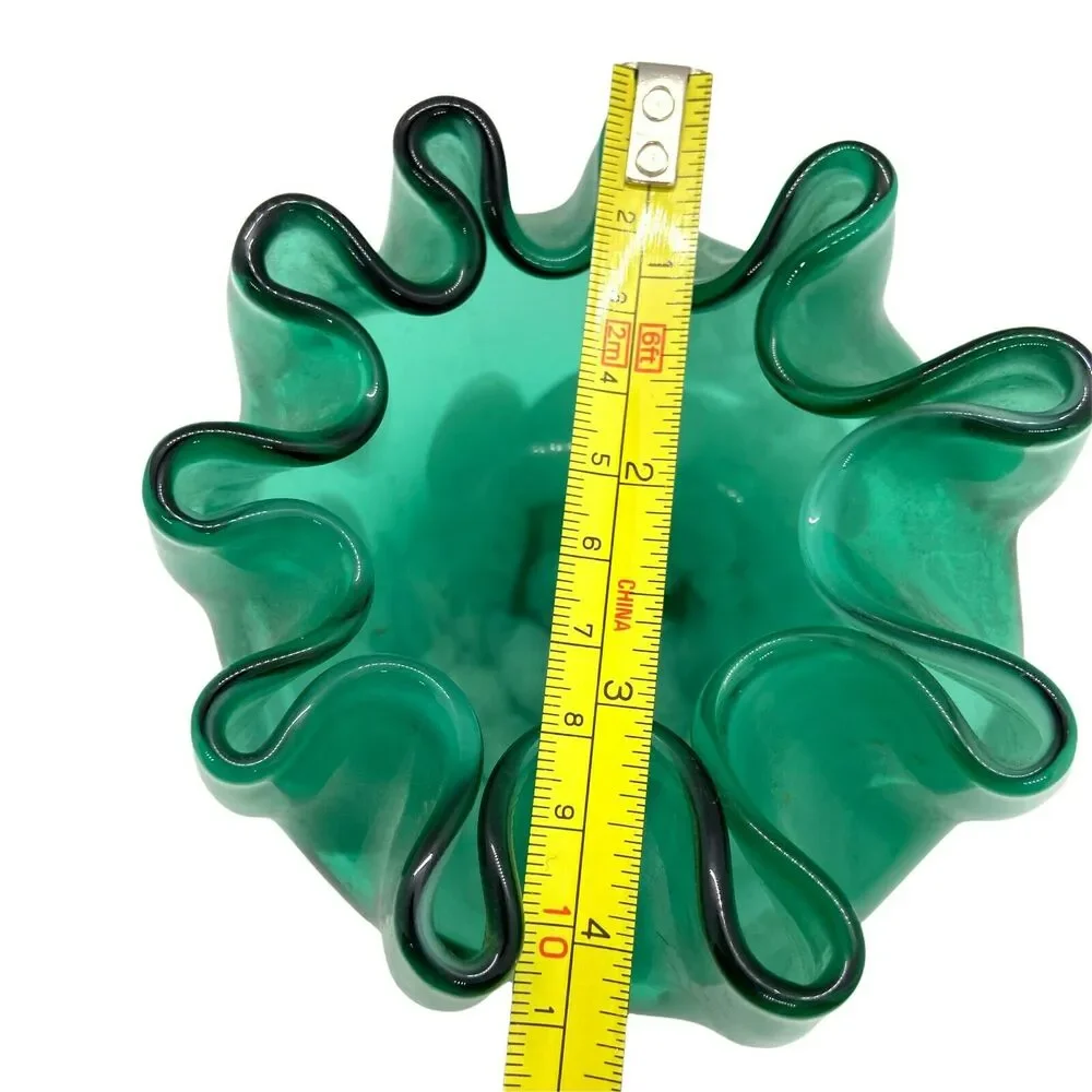 Art Glass Pinch Pot Vase Bowl Handmade Green Hand Blown Decorative Heavy